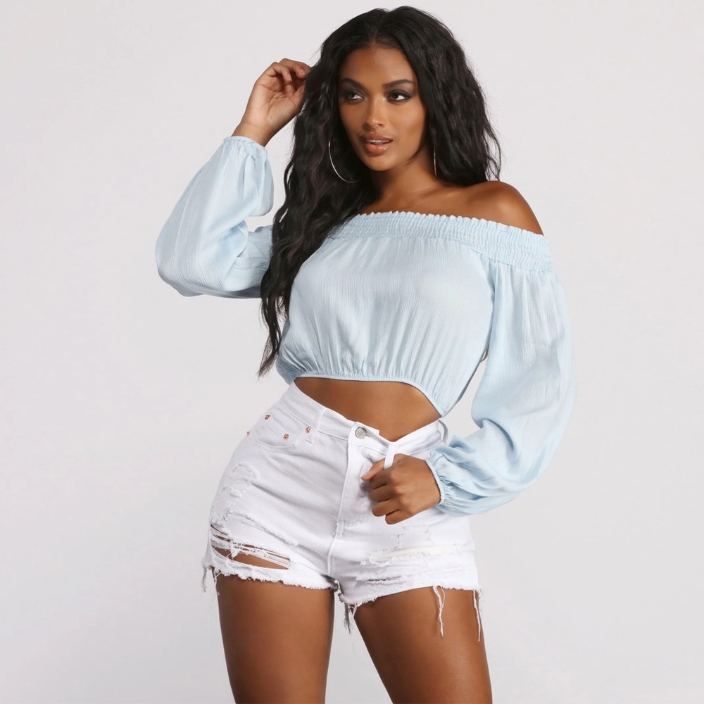 Windsor Baby Blue Off Shoulder Smocked Crop Top | Balloon Sleeves | Size S - Picture 3 of 4